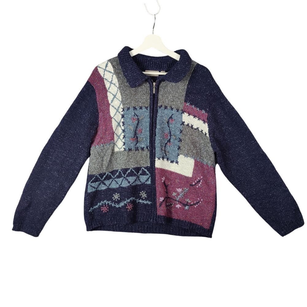 Croft & Barrow Womens Cottagecore Patchwork Granny Cardigan L Navy Floral Zip Up